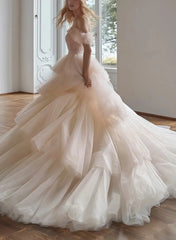 Ball Gown Off The Shoulder Sleeveless Chapel Train Satin Tulle Bride Wedding Dress With Cascading Ruffles Swd13178