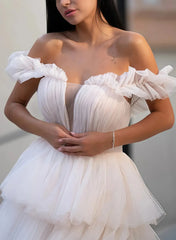 Ball Gown Off The Shoulder Sleeveless Chapel Train Satin Tulle Bride Wedding Dress With Cascading Ruffles Swd13178