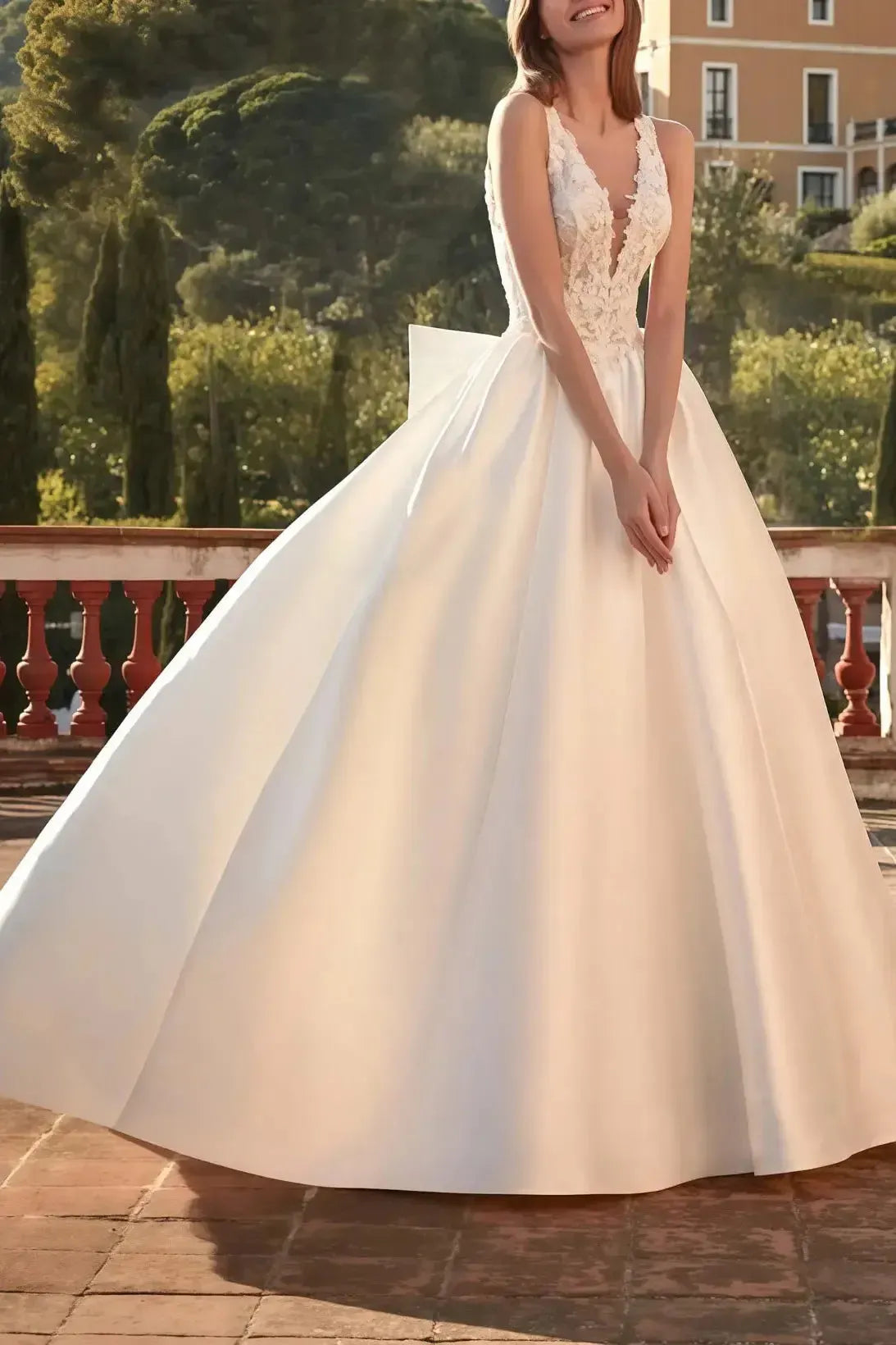 Ball Gown Plunge Neck Sleeveless Court Train Twill Satin Bride Wedding Dress With Bow S Pockets Appliques Swd13180