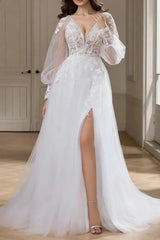 A Line V Neck Long Sleeves Sweep Train Chiffon Lace Wedding Dresses With Split Front Appliques Swd13181