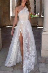 A Line One Shoulder Sleeveless Sweep Train Tulle Bride Wedding Dress With Appliques Lace High Split Swd13182