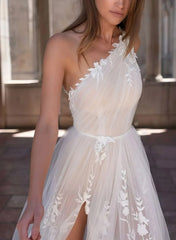 A Line One Shoulder Sleeveless Sweep Train Tulle Bride Wedding Dress With Appliques Lace High Split Swd13182