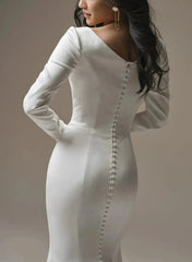 Trumpet Mermaid Scoop Neck Long Sleeves Court Train Crepe Satin Bride Wedding Dress With Beading Swd13184