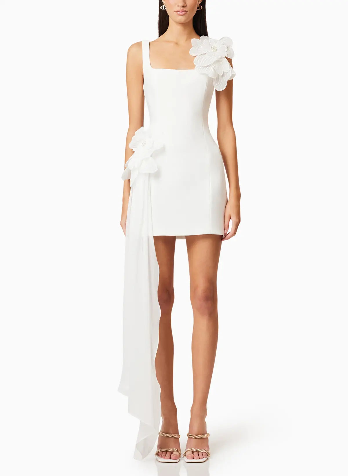 A Line Square Neckline Sleeveless Short Mini Twill Satin Liquid Tulle Bride Wedding Dress With Sweeping Side Drape Swd13185