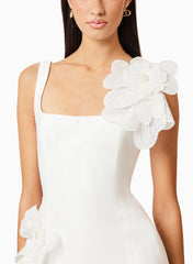A Line Square Neckline Sleeveless Short Mini Twill Satin Liquid Tulle Bride Wedding Dress With Sweeping Side Drape Swd13185