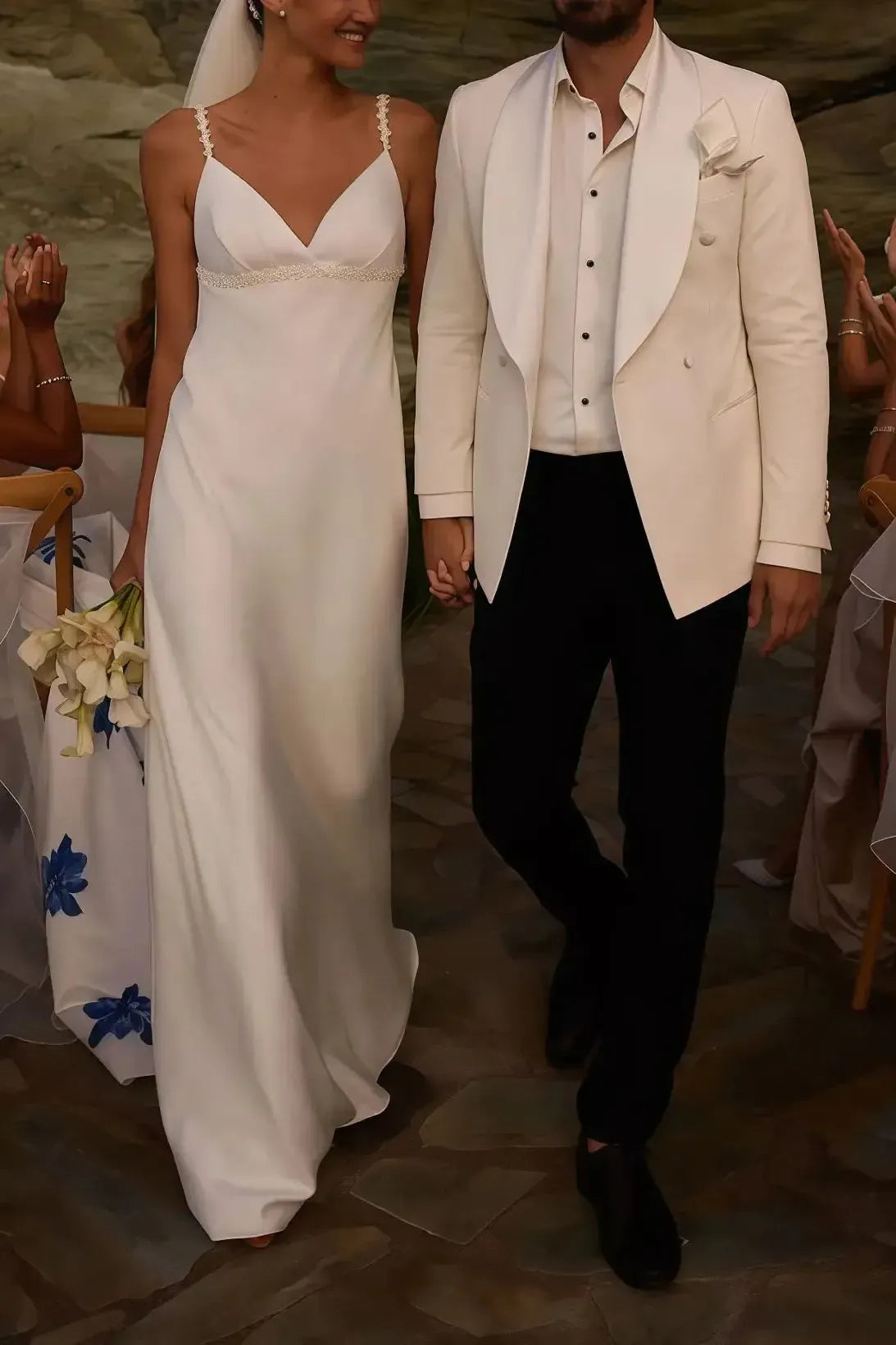 A Line V Neck Sleeveless Open Back Sweep Train Crepe Satin Bride Wedding Dress Swd13191