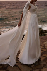 A Line Cowl Neck Sleeveless Floor Length Stretch Satin Bride Wedding Dress With Pockets Detachable Shawl Swd13198
