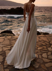 A Line Cowl Neck Sleeveless Floor Length Stretch Satin Bride Wedding Dress With Pockets Detachable Shawl Swd13198
