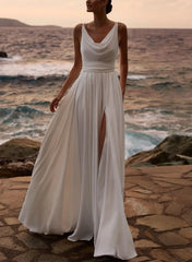 A Line Cowl Neck Sleeveless Floor Length Stretch Satin Bride Wedding Dress With Pockets Detachable Shawl Swd13198
