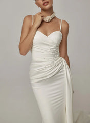 Trumpet Mermaid Sweetheart Sleeveless Chapel Train Crepe Satin Bride Wedding Dress With Beading Swd13206
