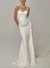 Trumpet Mermaid Sweetheart Sleeveless Chapel Train Crepe Satin Bride Wedding Dress With Beading Swd13206