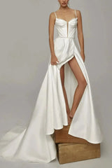 A Line Sweetheart Sleeveless Chapel Train Satin Bride Wedding Dress With Pockets Swd13209
