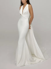 Trumpet Mermaid Halter Plunge Neck Sleeveless Detachable Trail Matte Satin Bride Wedding Dress Swd13211