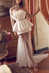 A Line High Neck Long Sleeves Court Train Satin Bride Wedding Dress With Beading Swd13213