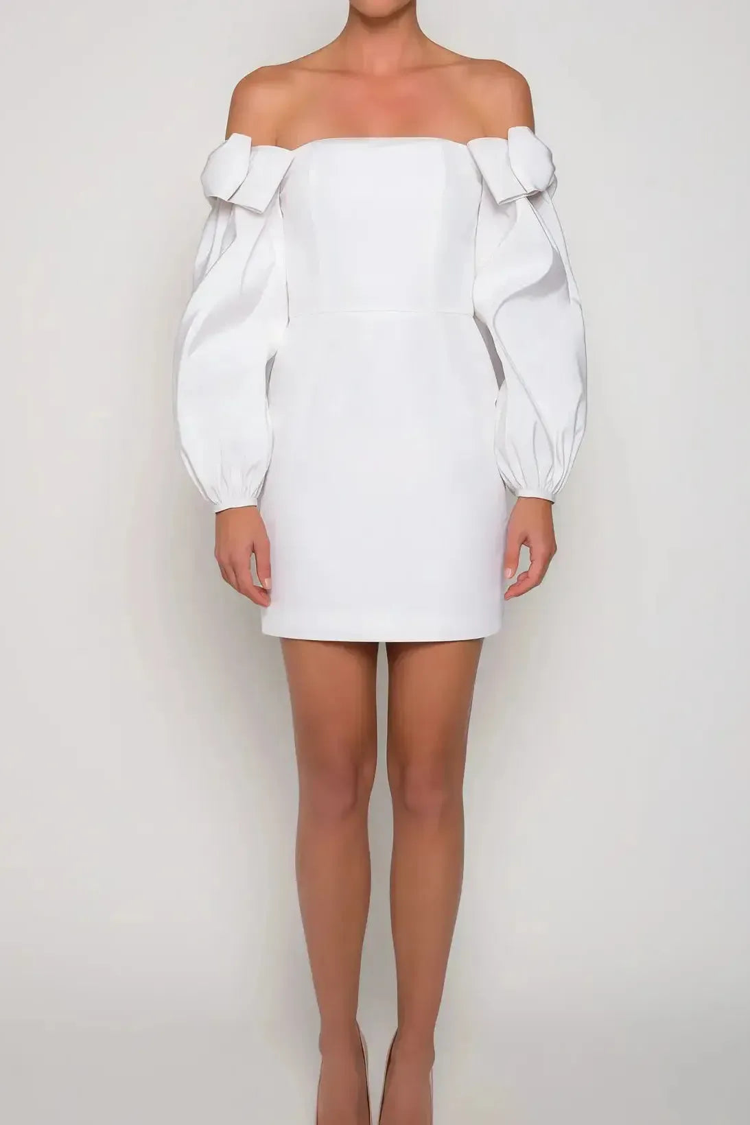 A Line Off The Shoulder Bow Long Sleeves Short Mini Elastic Satin Bride Wedding Dress Swd13205