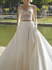 A Line V Neck Sleeveless Sweep Train Wedding Dresses Swd13223
