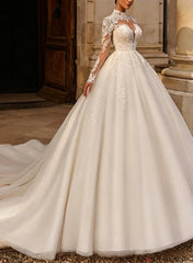 Ball Gown High Neck Long Sleeves Chapel Train Satin Tulle Organza Bride With Appliques Lace Swd13236