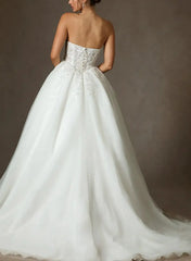 Ball Gown Sweetheart Sleeveless Sweep Train Lace Organza Bride Wedding Dress With Appliques Lace Swd13240
