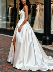 A Line Strapless Sleeveless Court Train Twill Satin Wedding Dresses With Bow S Beading High Split Swd13248