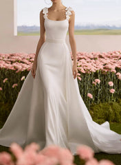 A Line Square Neckline Sleeveless Court Train Chiffon Matte Satin Wedding Dresses With Flower S Overskirt Dress Swd13271