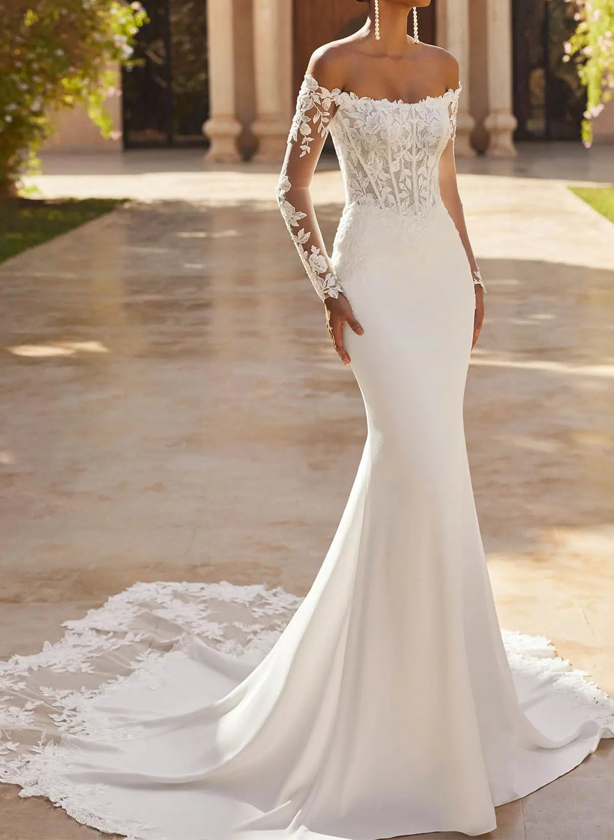 Trumpet Mermaid Off The Shoulder Long Sleeves Chapel Train Lace Crepe Satin Wedding Dresses With Appliques Lace Swd13275