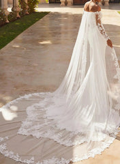 Trumpet Mermaid Off The Shoulder Long Sleeves Chapel Train Lace Crepe Satin Wedding Dresses With Appliques Lace Swd13275