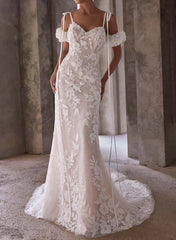 Trumpet Mermaid Sweetheart Court Train Lace Tulle Wedding Dresses With Appliques Lace Swd13279