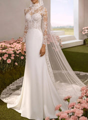 A Line High Neck Long Sleeves Chapel Train Lace Twill Satin Wedding Dresses With Lace Overskirt Dress Swd13283