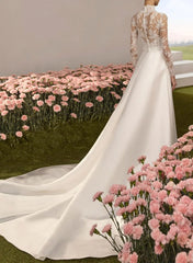 A Line High Neck Long Sleeves Chapel Train Lace Twill Satin Wedding Dresses With Lace Overskirt Dress Swd13283