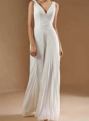 Jumpsuit Pantsuit V Neck Sleeveless Floor Length Chiffon Wedding Dresses With Pleated Swd13292