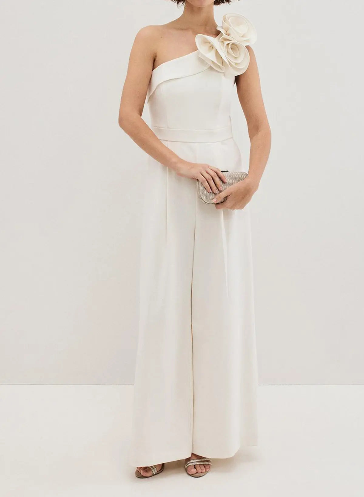 Jumpsuit Pantsuit One Shoulder Sleeveless Floor Length Elastic Satin Wedding Dresses With Flower S Swd13295