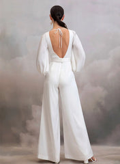 Jumpsuit Pantsuit V Neck Long Sleeves Ankle Length Stretch Satin Wedding Dresses Swd13297