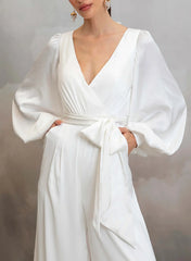 Jumpsuit Pantsuit V Neck Long Sleeves Ankle Length Stretch Satin Wedding Dresses Swd13297