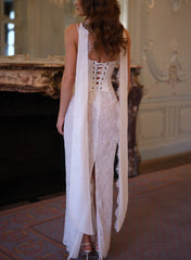 Sheath Column Sweetheart Sleeveless Floor Length Lace Elastic Satin Bride Wedding Dress With Appliques Lace Swd13304
