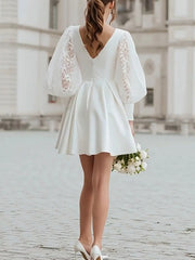 A Line V Neck Long Sleeves Short Mini Lace Elastic Satin Bride Wedding Dress Swd13320