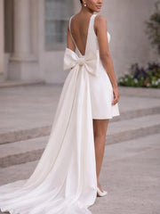 A Line Scoop Neck Sleeveless Short Mini Detachable Matte Satin Bride Wedding Dress With Bow S Swd13323