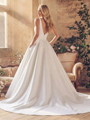 A Line Square Neckline Sleeveless Court Train Satin Wedding Dresses With Pockets Swd13273