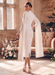 Sheath Column Sweetheart Long Sleeves Tea Length Elastic Satin Bride Wedding Dress Swd13237