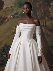 Ball Gown Sweetheart Detachable Sleeves Chapel Train Twill Satin With Pockets Bride Wedding Dress Swd13147
