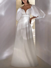 A Line Plunge Neck Detachable Sleeves Court Train Matte Satin Wedding Dresses With Sequins Swd13455