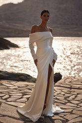 Mermaid Wedding Dress Solid Long Sleeve Satin Off the Shoulder Bridal Gown