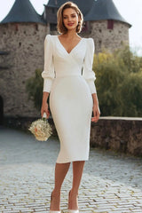 Simple V Neck Wedding Dress Long Sleeve Sheath/Column Bridal Gown