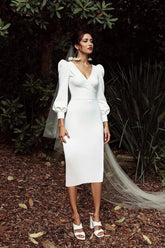 Simple V Neck Wedding Dress Long Sleeve Sheath/Column Bridal Gown