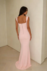 Pink Mermaid Prom Dress Sleeveless Square Neck Satin Formal Dress