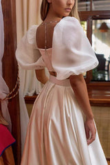 2pcs Square Neckline Wedding Dress with A line Flutter Sleeves