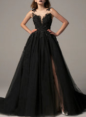 3D Floral Black Ball Gown Wedding Dress