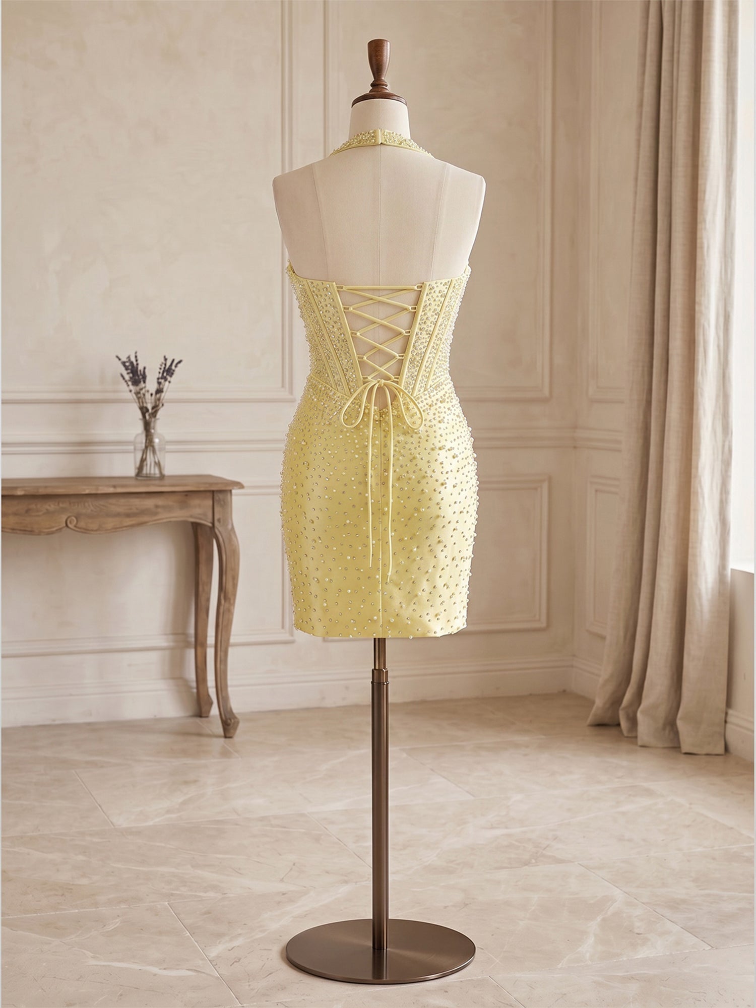 Glamorous Champagne Pearl Beaded Corset Short Homecoming Dress