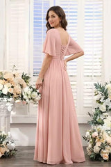 Square Neck Chiffon Bridesmaid Dress with Flutter Sleeves and Slit