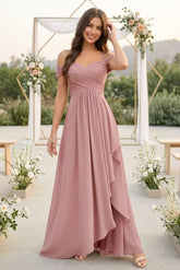 Cold Shoulder Pleated Chiffon Bridesmaid Dress with Ruffle Slit