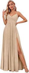 Spaghetti Strap Pleated Chiffon Bridesmaid Dress with V-Neck and Slit